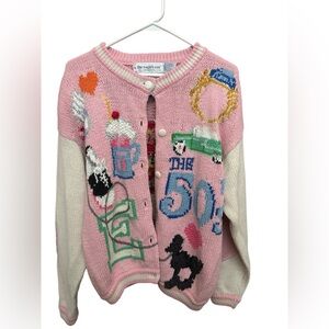 Eagles Eye sweater vtg 50s novelty print pink jukebox poodle hand knit cardigan